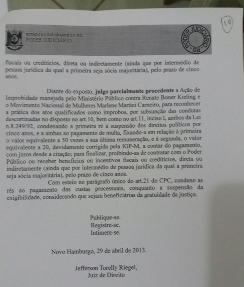 Documento confirmando a condenacao dela no Rio Grande do Sul